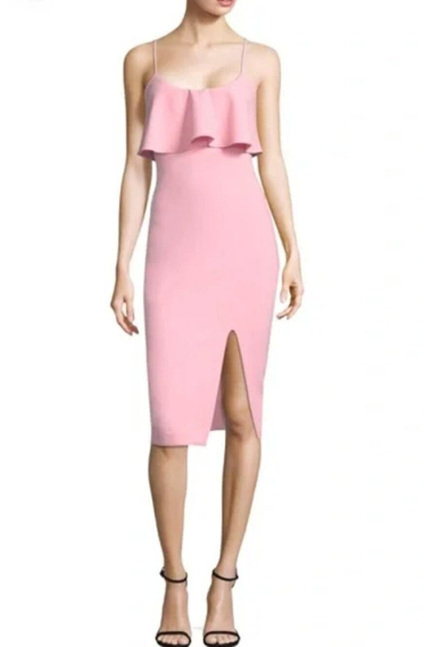 LIKELY Dionne Midi Dress Scoop Neck Ruffle Overlay Spaghetti Strap Sheath Slit